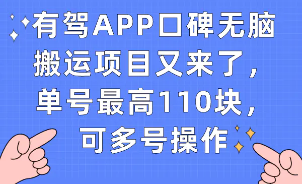 有驾APP口碑无脑搬运项目又来了，单号最高110块，可多号操作-航海圈