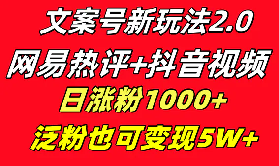 文案号新玩法 网易热评+抖音文案 一天涨粉1000+ 多种变现模式 泛粉也可变现-航海圈