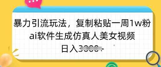 暴力引流玩法，复制粘贴一周1w粉，ai软件生成仿真人美女视频，日入多张-航海圈